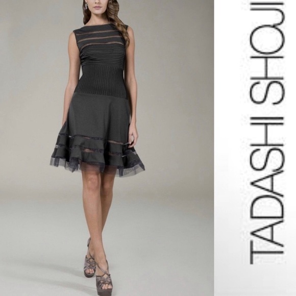 Tadashi Shoji black Illusion cocktail dress w/mesh detail & back zip Sz-M. Y10 - Picture 11 of 11